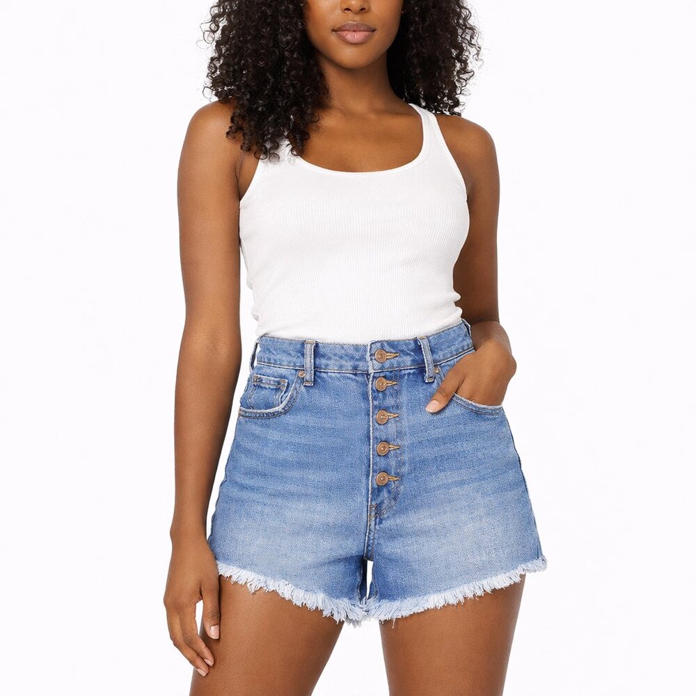 Sincerely Jules High-Rise Button Fly Denim Shorts | Raw Hem | Size 5 / 27